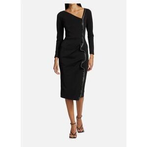 Chiara Boni Page Sugar Ruffled Zip Cocktail Dress US 10 Midi Long Sleeve Wiggle
